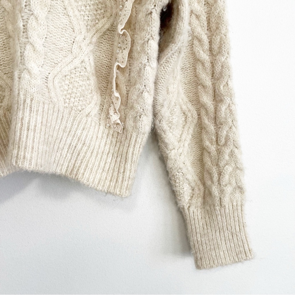 BOGO! ZARA Lace Ruffle Collar Pearl Cable Knit Sweater Cream Small - Picture 7 of 11